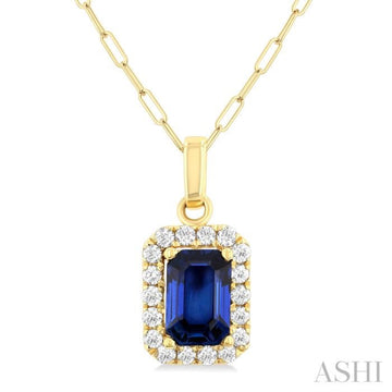 6x4 MM Octagonal Shape Sapphire and 1/6 Ctw Round Cut Diamond Halo Precious Pendant with Chain in 14K Yellow Gold